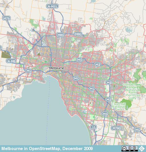 Melbourne, Australia on OpenStreetMap, December 2009.