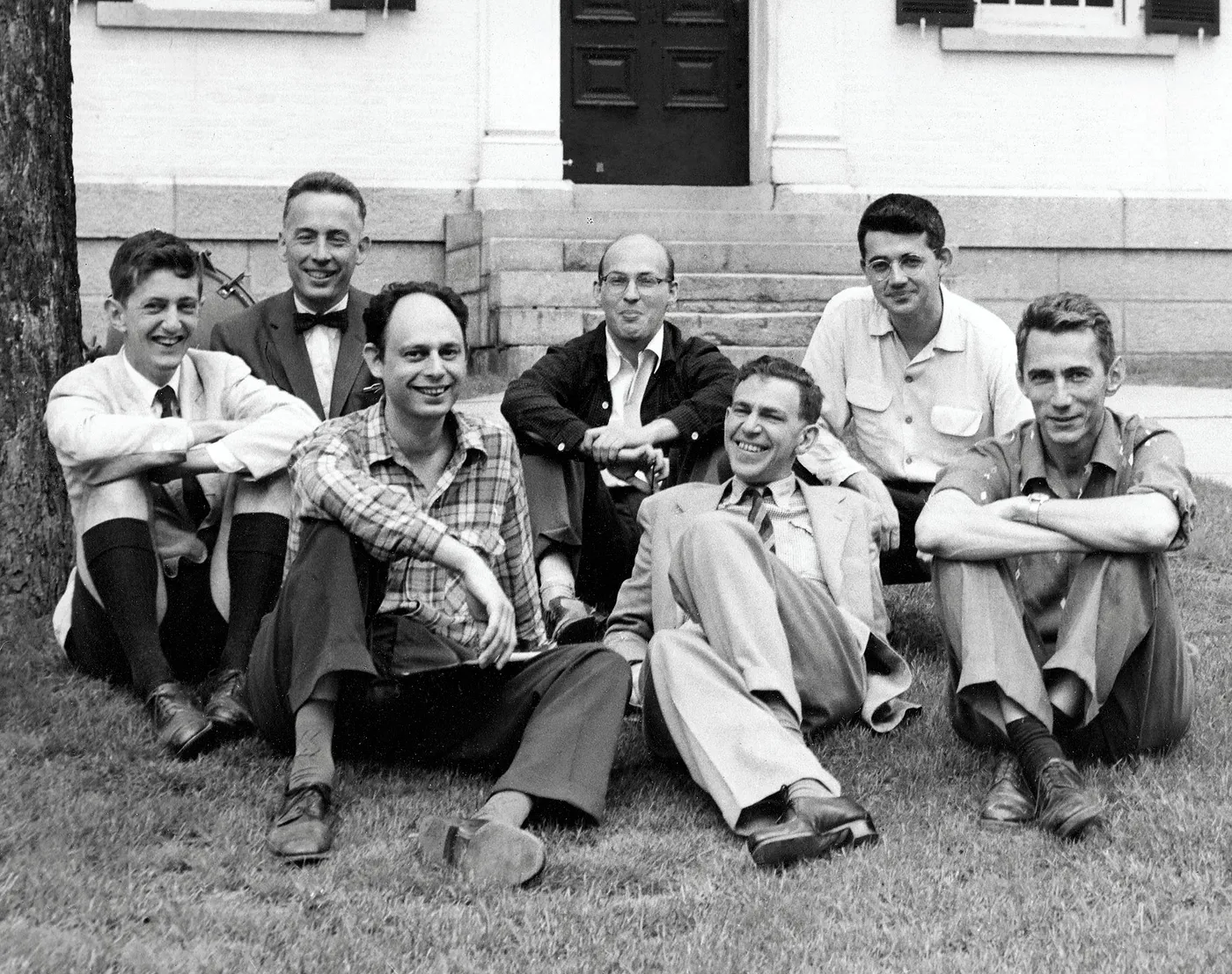 Back row, from left to right: Oliver Selfridge, Nathaniel Rochester, Marvin Minsky, and John McCarthy. Frontrow, from left to right: Ray Solomonoff, Peter M. Milner, and Claude Shannon.